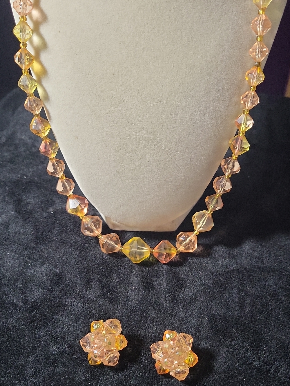 W GERMANY Peach & Yellow Faceted Lucite Bead Necklace with Matching Earrings
